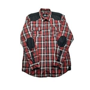 I Jeans by Buffalo Mens 2XL Elbow Patch Red Plaid 2Ways Sleeve Button Up Shirt